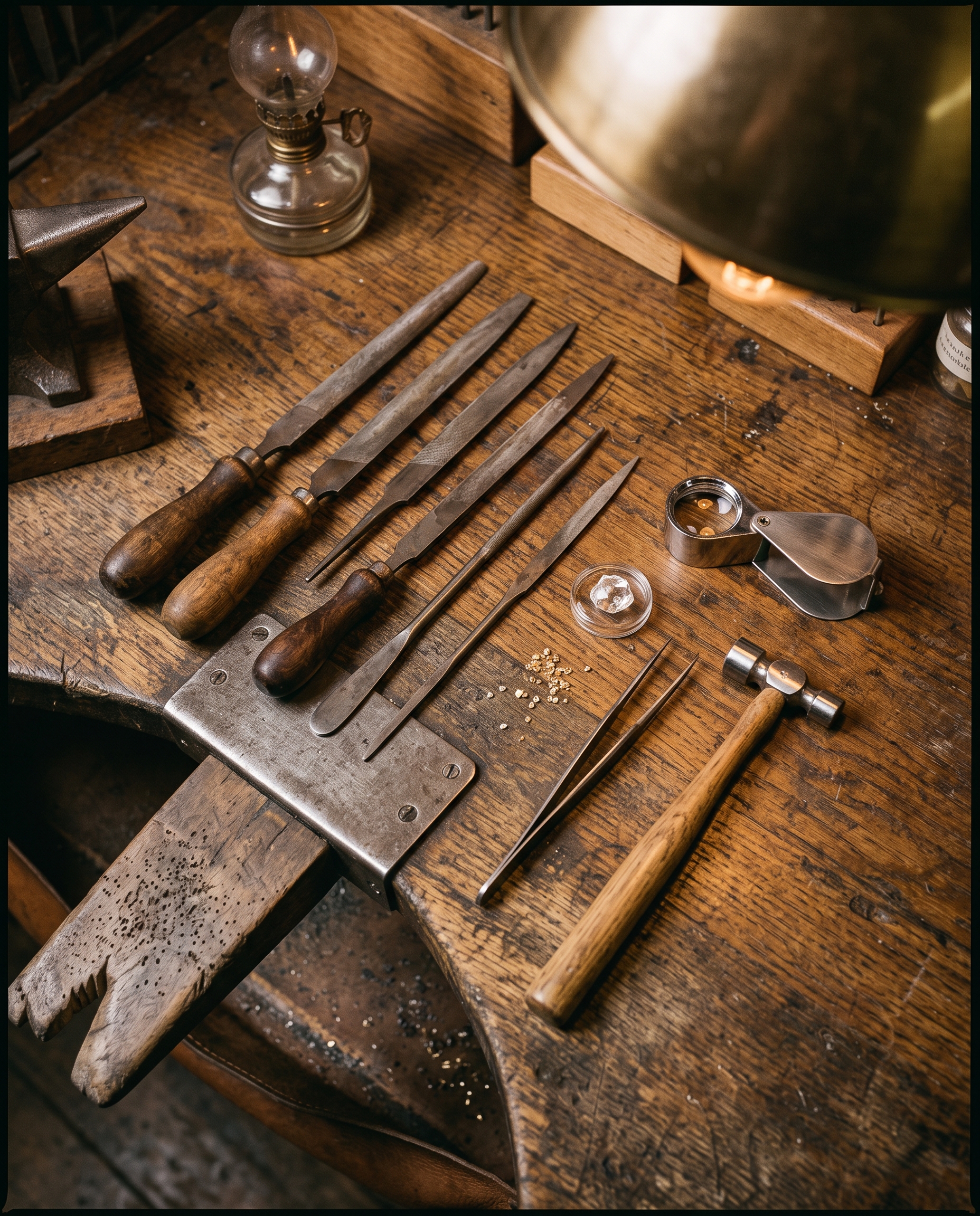 Outils de bijouterie disposés sur l'établi : limes, loupe, brucelles et petit marteau