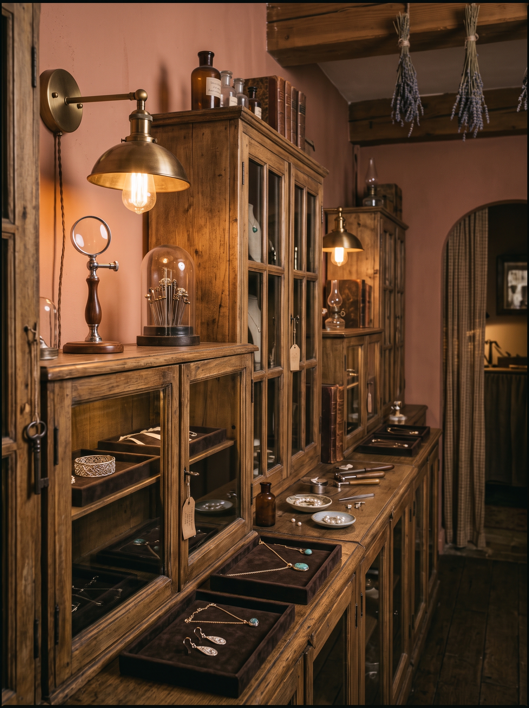 Intérieur de la boutique Bijouterie Lumière, vitrines en bois et éclairage tamisé