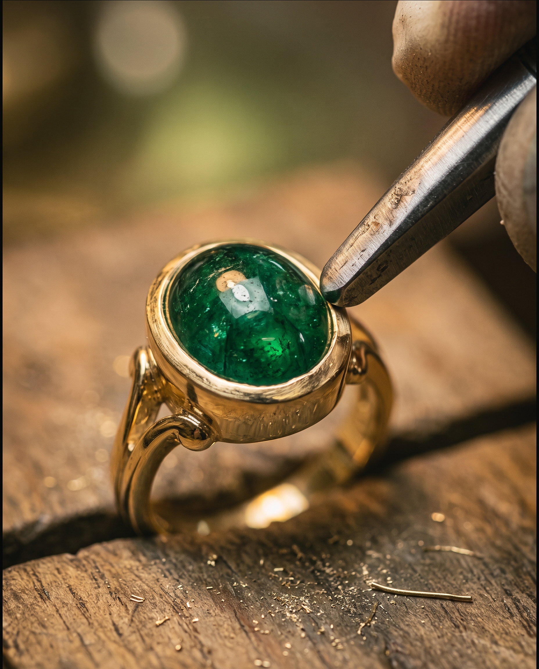 Macro d'une émeraude cabochon en cours de sertissage sur une monture en or